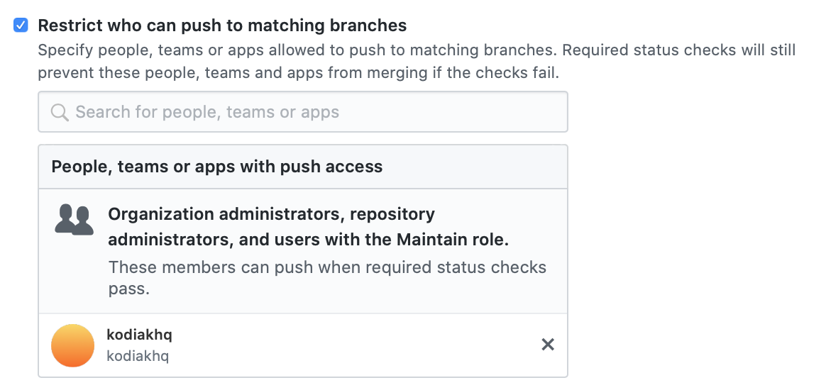Restrict who can push to matching branches